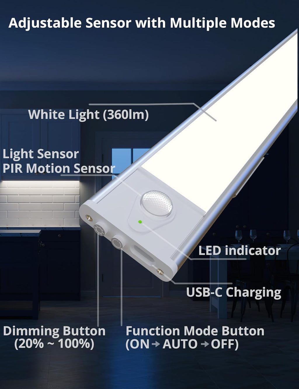 23.6in Under Cabinet Lighting, 101-LED, Dimmable, Rechargeable 4400mAh Battery, Indoor Wireless Motion Sensor Closet Light for Kitchen, Counter, Wardrobe (Silver)