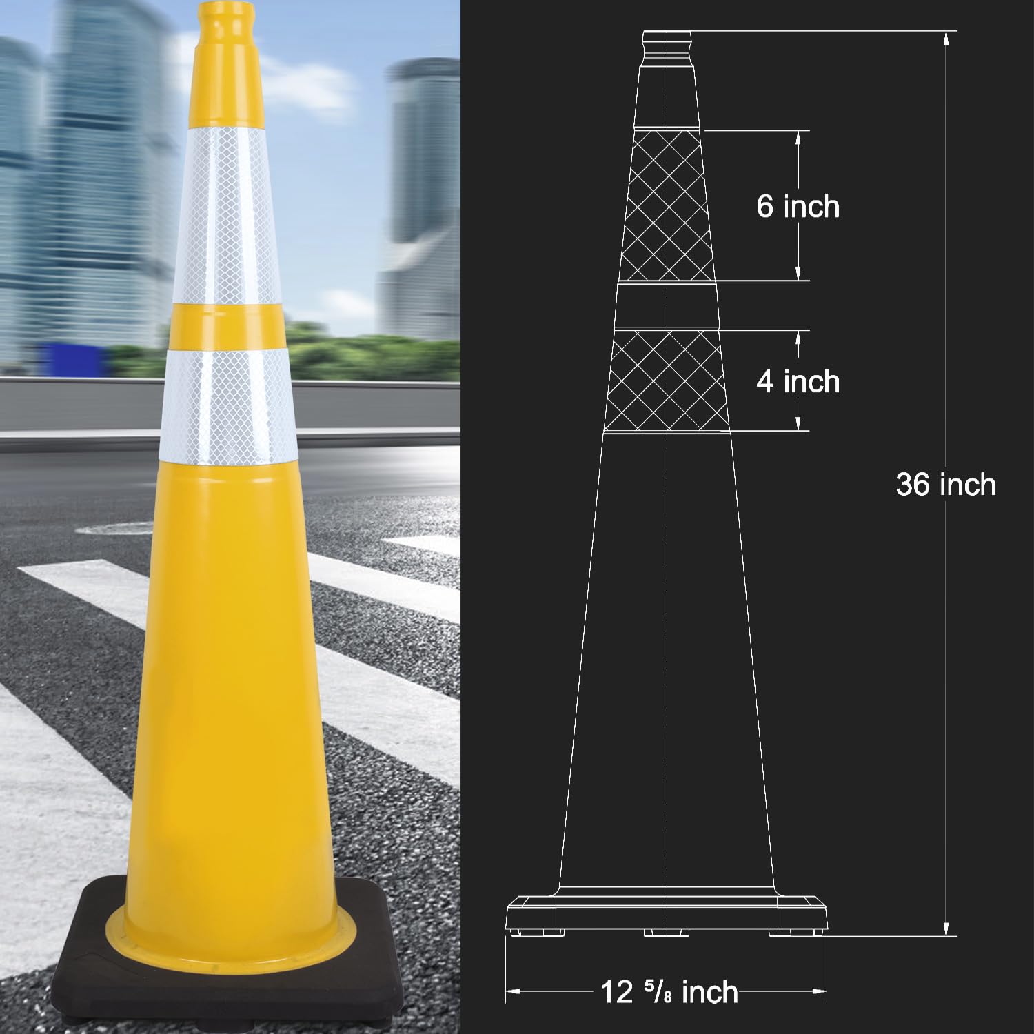 6 Pack 36" Large-Sized PVC Traffic Cones with Heavy-Duty Black Base, Garage Parking Lot Cones Structurally Stable Weatherproof Road Construction Safety Cones (6, Yellow, 36" Extra Large)