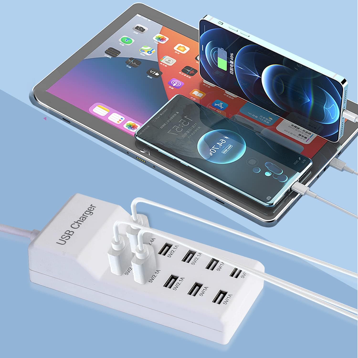50W 10-Port USB Charging Station for iPhone 15/15 Pro/15 Pro Max/15 Plus/14/13/12/11/Xs Max/XR/X/SE White
