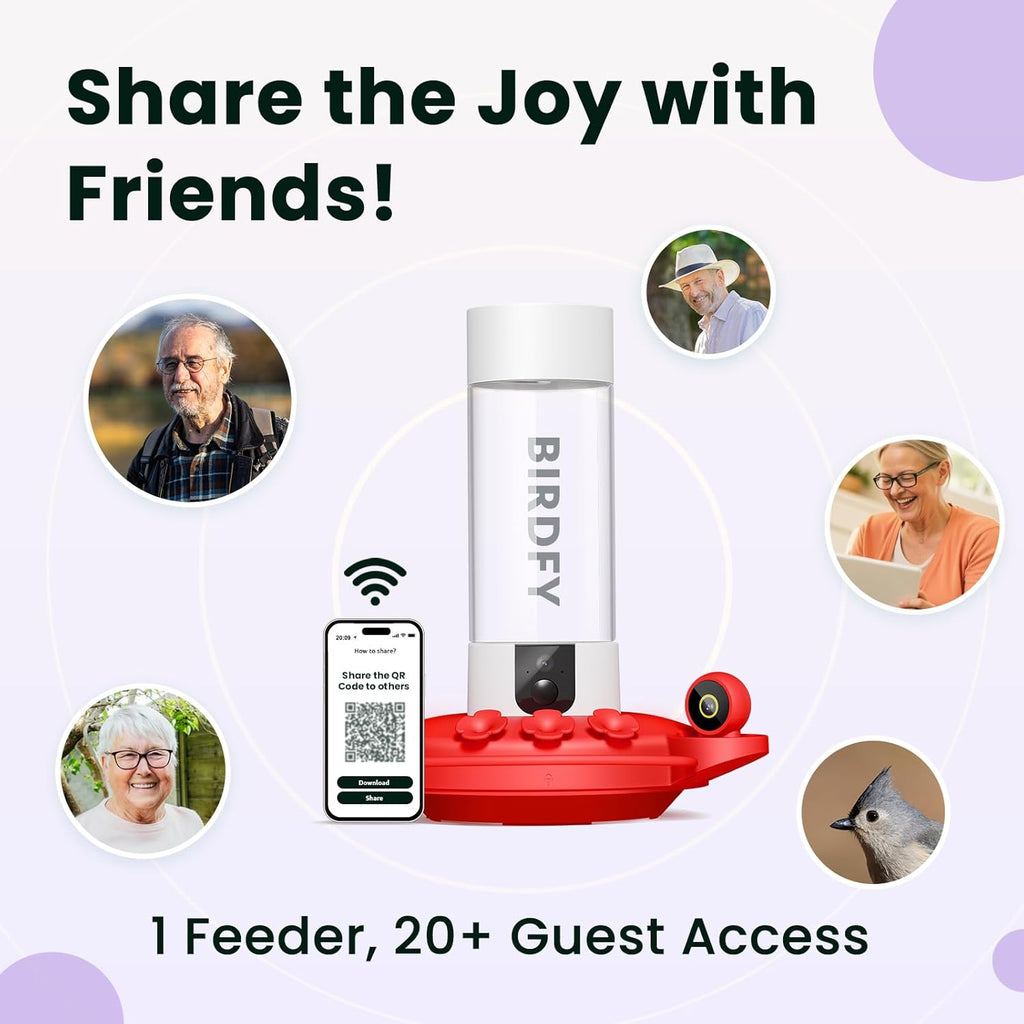 Birdfy Hummingbird Feeder with Dual Cameras - 2K HD Smart Cameras Solar Powered, Close-Up Bird Video/Live Watching & Instant Notifications, Ant Moat & Leakproof - 20oz (AI Lifetime)