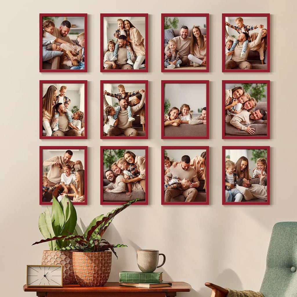 Renditions Gallery Set of 12, 8X10 Custom Photo Prints with Real Wood Picture Frames. Create Personalized Photos with Peel & Stick Photo Frames. Red Frame