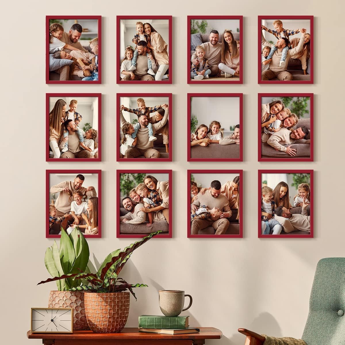 Renditions Gallery Set of 12, 8X10 Custom Photo Prints with Real Wood Picture Frames. Create Personalized Photos with Peel & Stick Photo Frames. Red Frame