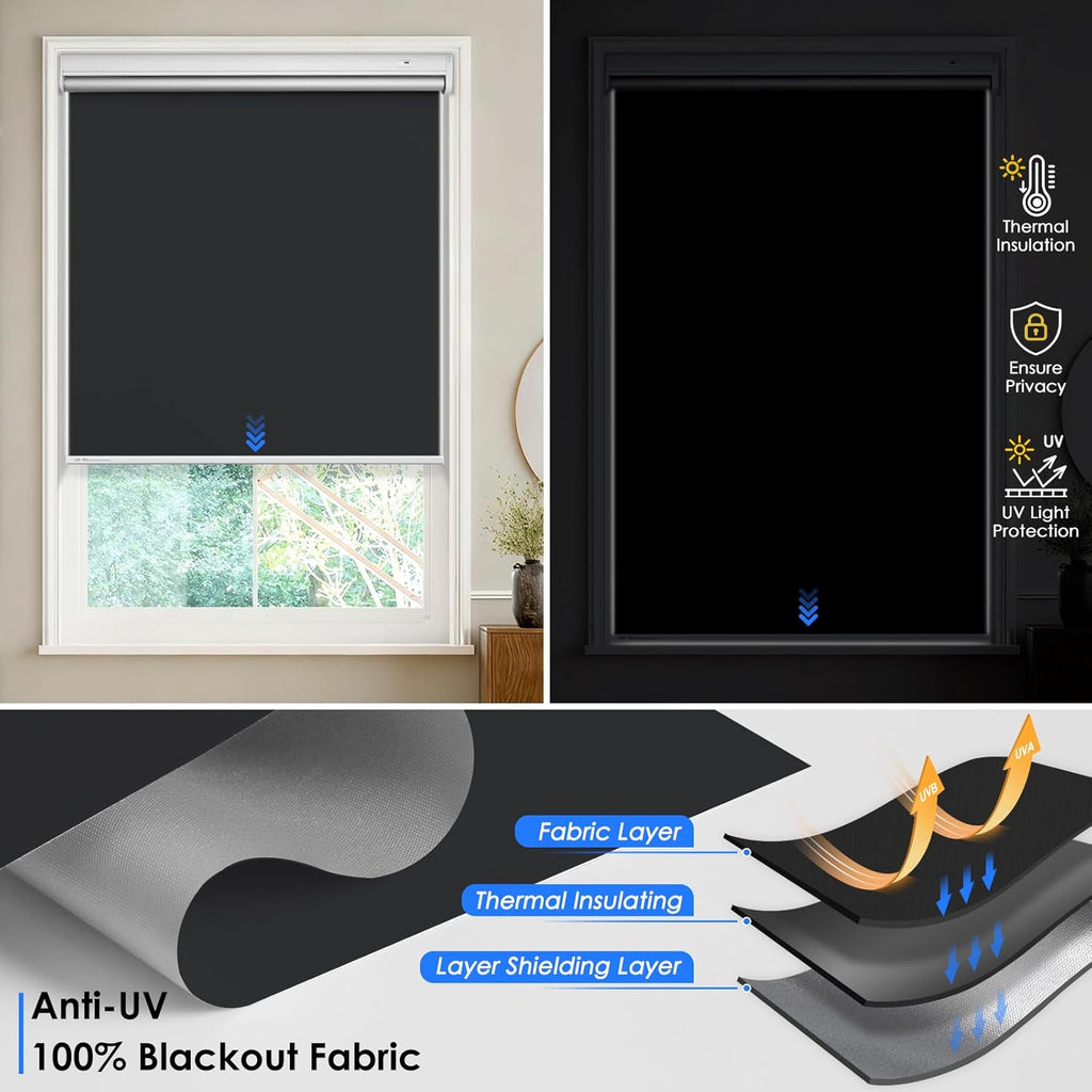 Motorized Roller Blinds with Remote Control & Solar Panel - 100% Blackout Smart Blinds, Automatic, Cordless, Electric Shades - Compatible with Alexa - Black, 34" W x 72" H