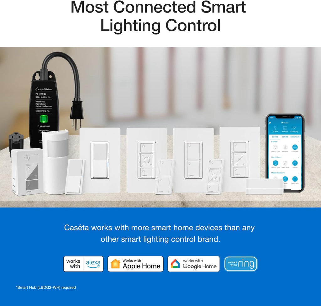 Lutron Caseta 3 Way Smart Dimmer Light Switch Kit, Includes Pico Remote, Bracket, and LED Dimmer Switch, No Neutral Required, P-PKG1WB-WH