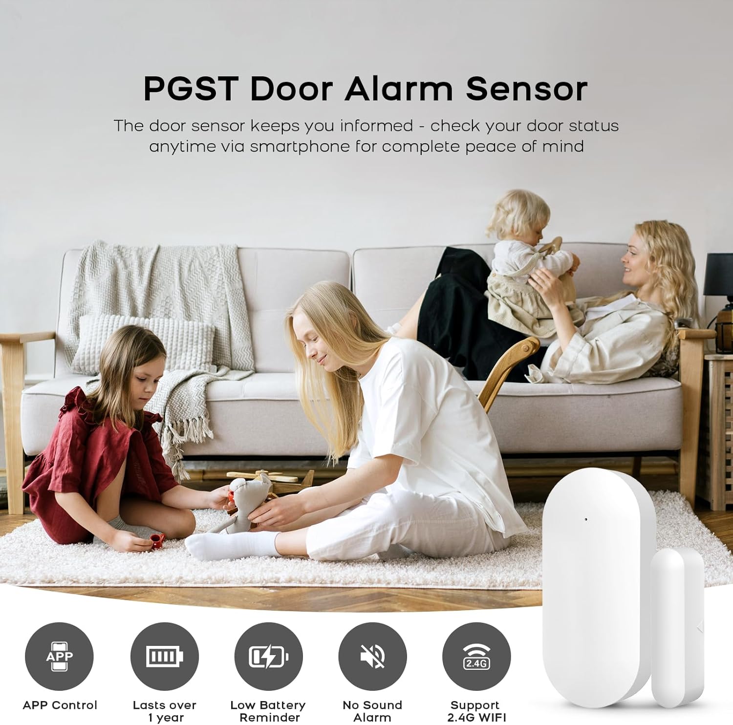 Door Alarm Window Sensors, Door Open Alarm Long Battery Life Wireless for Security Real-Time Notification WiFi Contact Sensor App Control No Monthly Fee, White (3-Pack)