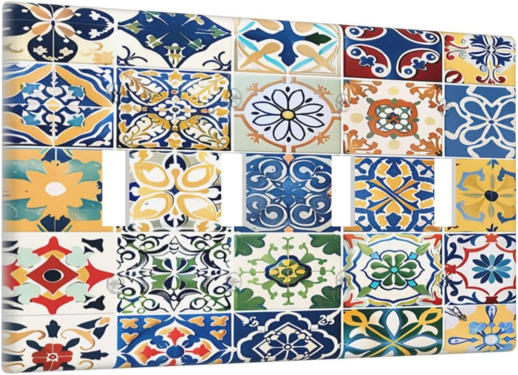 Light Switch Covers Moroccan Traditional Mexican Talavera Til Quad Toggle Electrical Faceplate 4 Gang Wall Plate Decorative Switch Plates for Kitchen Home Decor