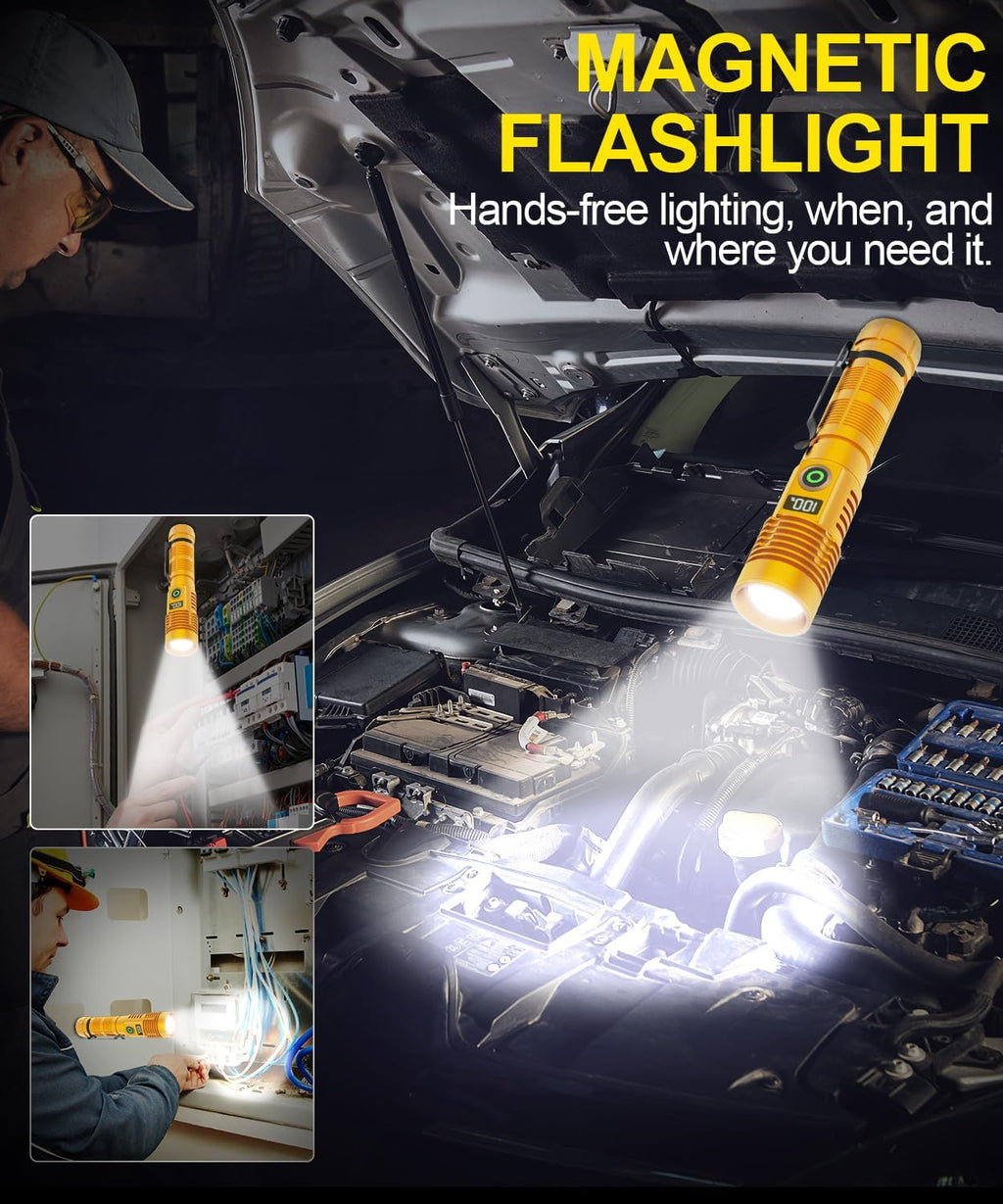 Rechargeable Flashlight High Lumens-Super Bright Magnetic Flash Light with Power Digital Display, Long Range,Dimmable,Waterproof,Pocket LED Flashlights for Emergency Camping 2PC Gold