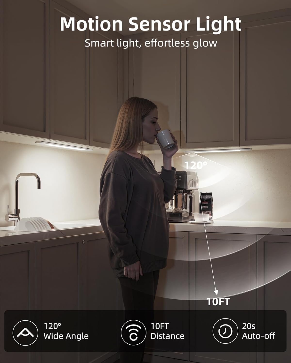 EZVALO Under Cabinet Lighting, 2200mAh Rechargeable Battery, 76 LEDs Dimmable Closet Lights, 3 Color Temps, Motion Sensor Light Indoor for Kitchen, Wardrobe