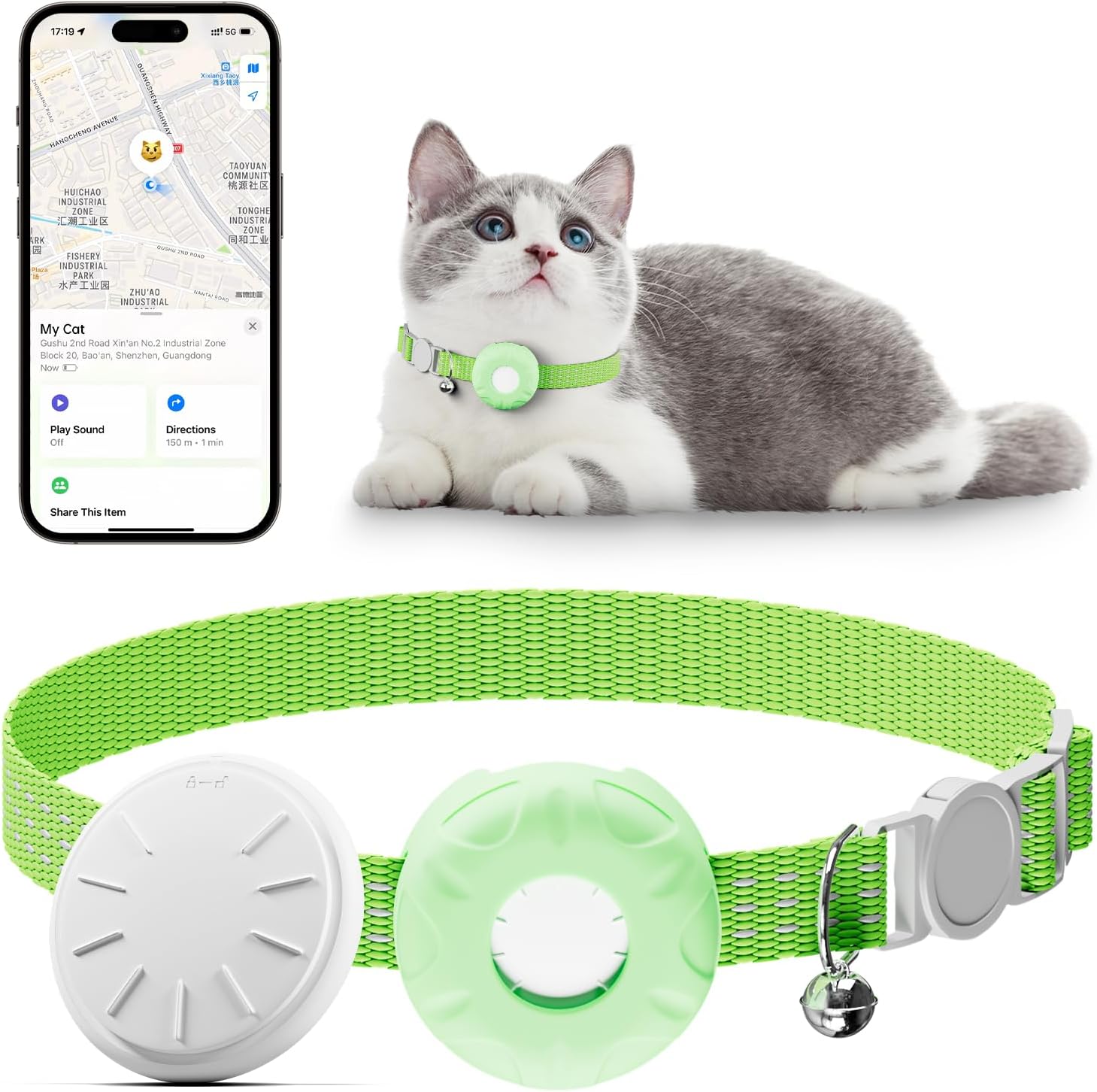 Cat Tracker, Pet Tracker for Cats, Cat GPS Tracker Collar with Safety Elastic Buckle, GPS Tracker Compatible with Apple Find My App (Only iOS), No Monthly Fee, Waterproof, Light Green