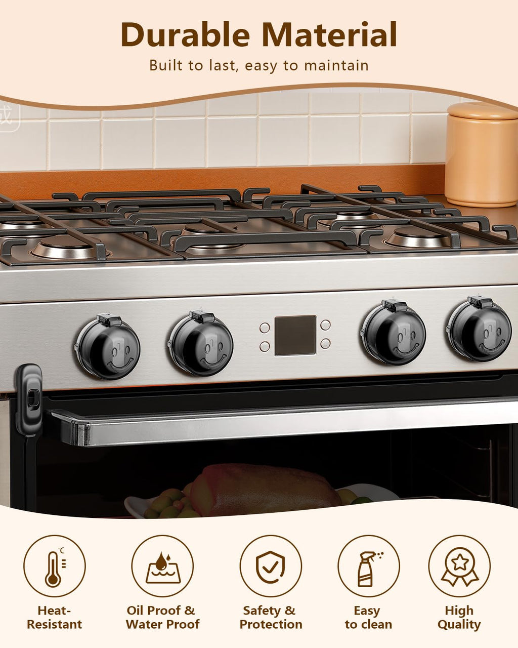 Stove Knob Covers - 5+1 Pack Heat Resistant Gas Stove Knob Covers with Child Proof Lock & Strong Adhesive, Oil-Proof Oven Knob Covers with Semi-Transparent Design, Black