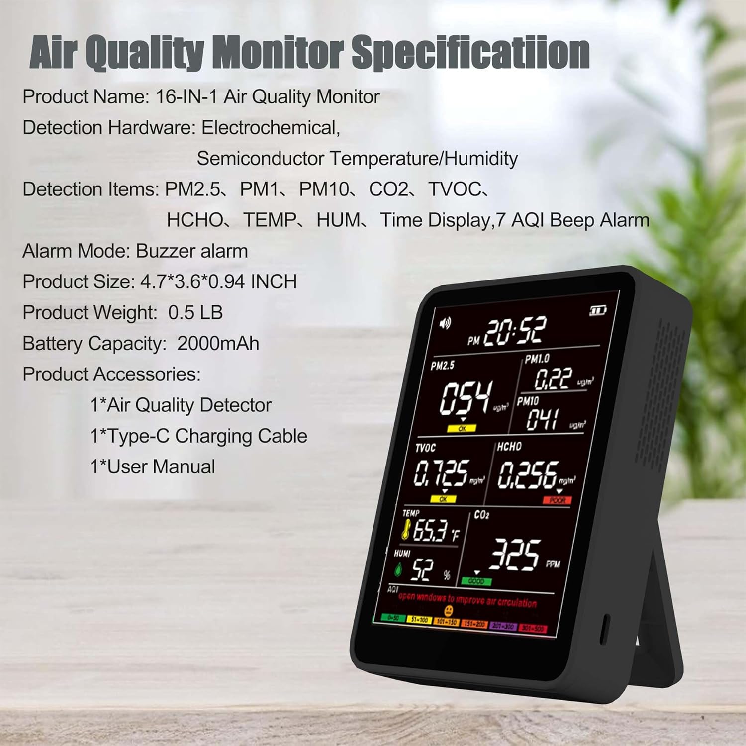 Professional Indoor Air Quality Monitor with AQI Alarms, Portable Real-Time Detector for Home Cars Plants and Pets (Glossy Black)