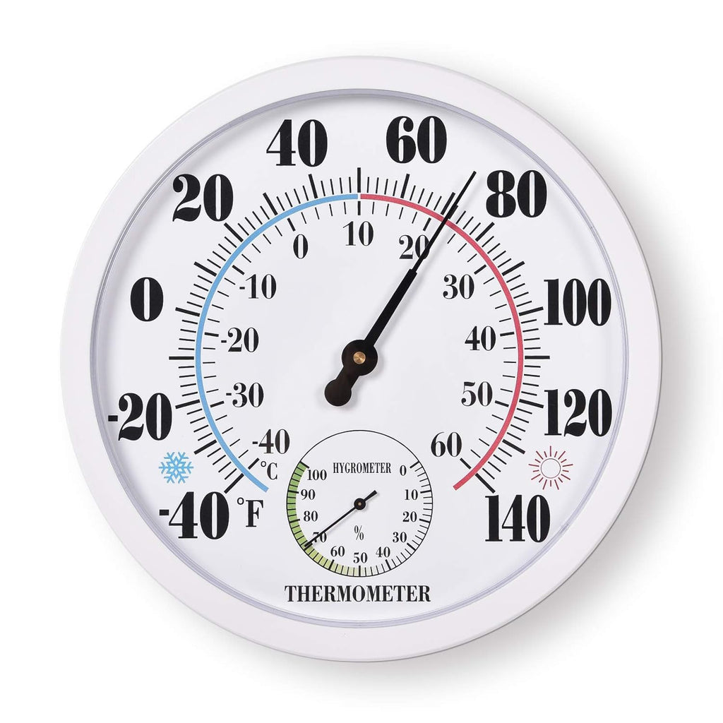Outdoor Thermometer Hygrometer, 10 Inch Round Large White Gauge with Easy to Read Face, Waterproof Wall Mount for Patio, Garden, Garage, Home Outside Temperature and Humidity Monitor