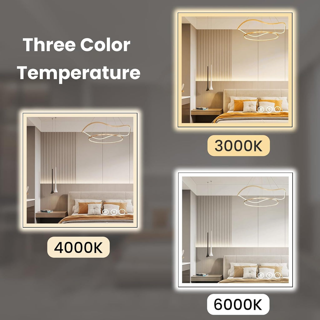 WTTY 36"X36" LED Bathroom Mirror with Black Frame, Bathroom Vanity Mirror with Lights for Wall, Front Light and Backlit, Anti-Fog, Dimmable, 3 Colors, Shatterproof, Memory, Horizontal/Vertical
