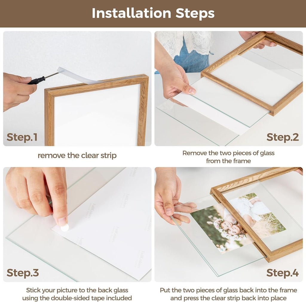 Axeman 5x7 Floating Picture Frame - Solid Oak Wood Picture Frame, Double Tempered Glass Photo Frame 2x3 4x6 5''x7''Wood Frame, Wall Mount Or Tabletop Standing, Natural