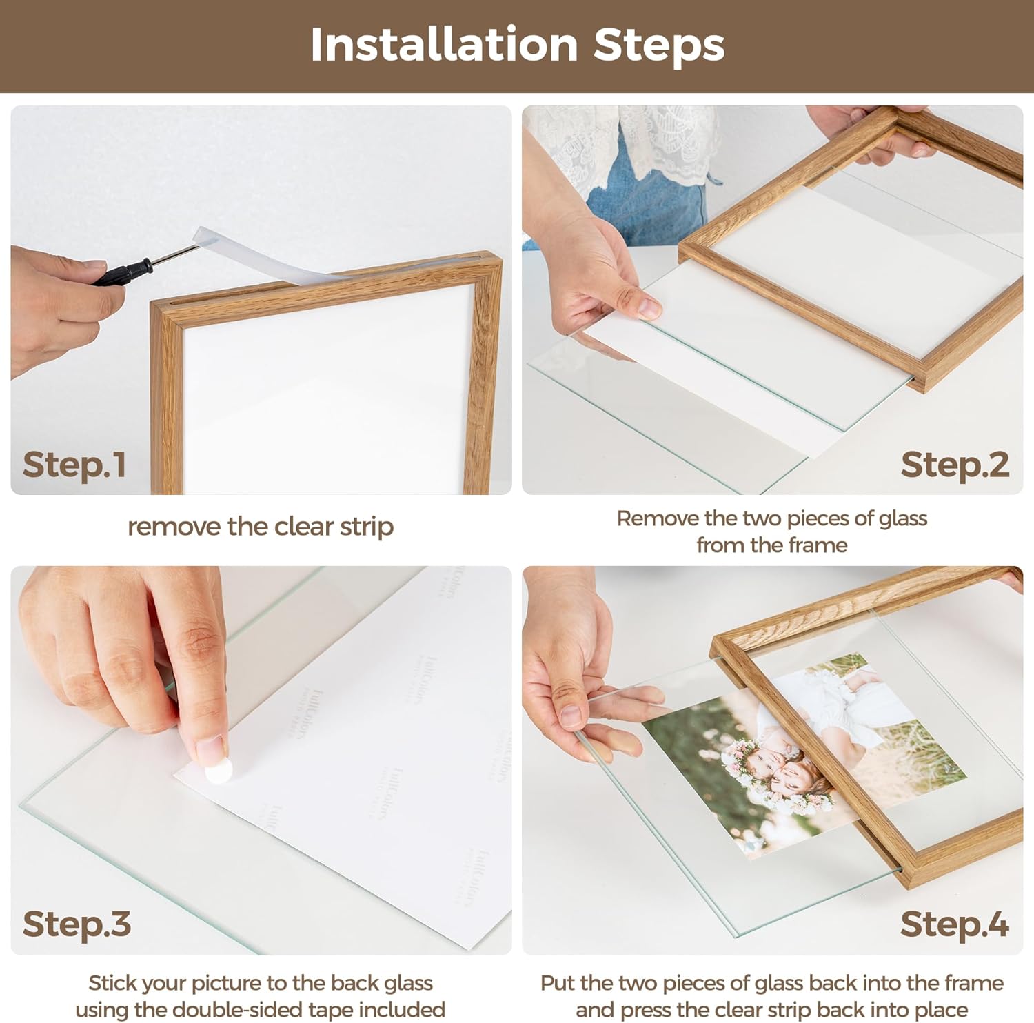 Axeman 8x8 Floating Picture Frame - Solid Oak Wood Square Picture Frame, Double Tempered Glass Photo Frame 3x3 4x4 5x5 6x6 8''x8'' Wood Frame, Wall Mount Or Tabletop Standing, Natural