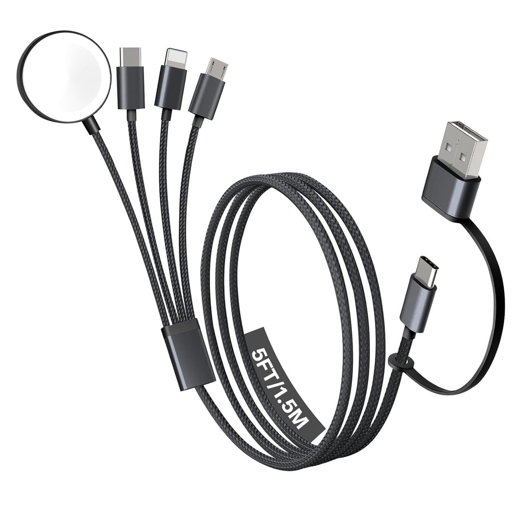 Travel Essentials, 4 in 2 Multi Charging Cable for Apple Watch Charger/iPhone Charger,USB C Cable Cord for iPhone 17-11/iWatch Ultra/10-2/Galaxy S25-S20, Android Phones, Kindle, MP3-Black,5FT