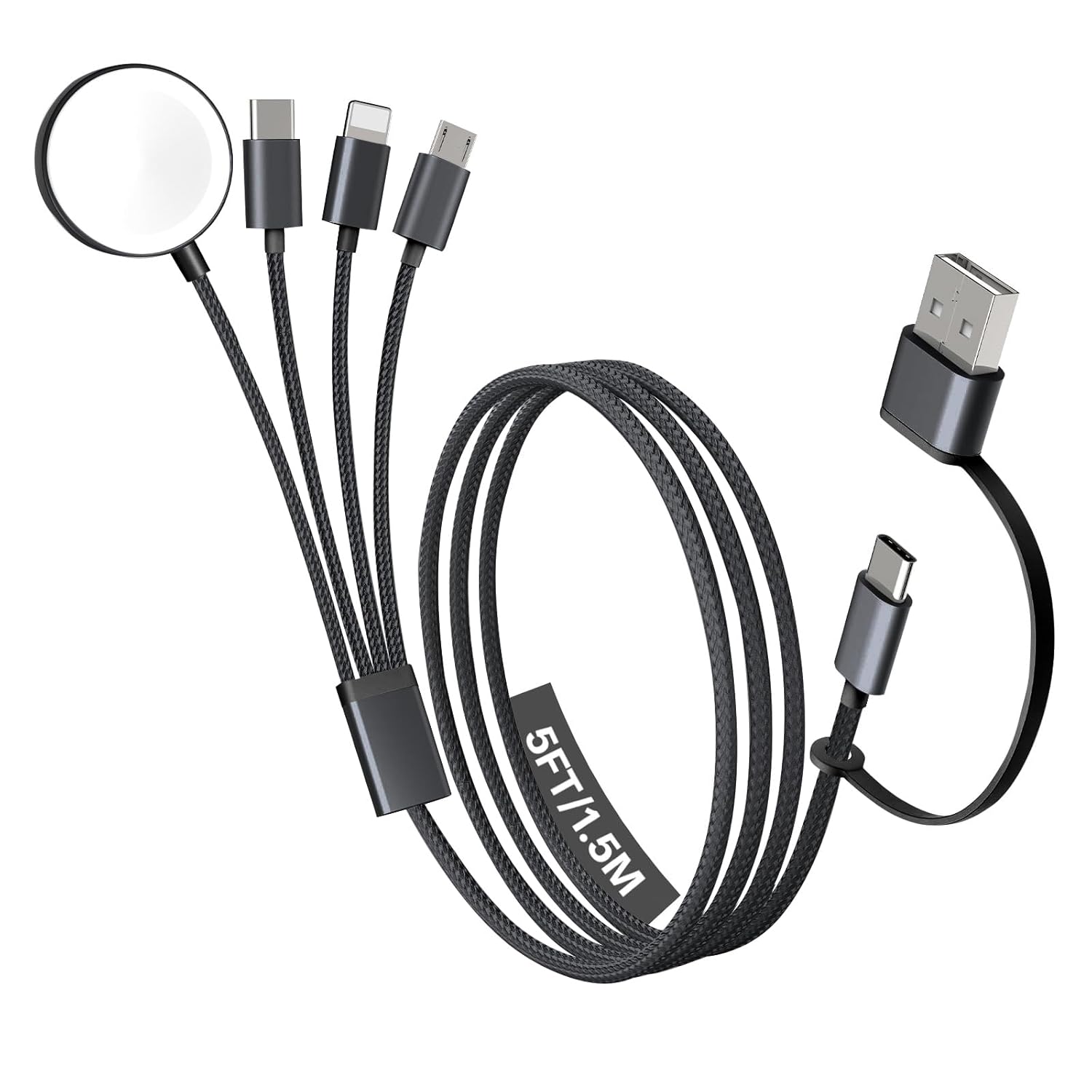 Travel Essentials, 4 in 2 Multi Charging Cable for Apple Watch Charger/iPhone Charger,USB C Cable Cord for iPhone 17-11/iWatch Ultra/10-2/Galaxy S25-S20, Android Phones, Kindle, MP3-Black,5FT