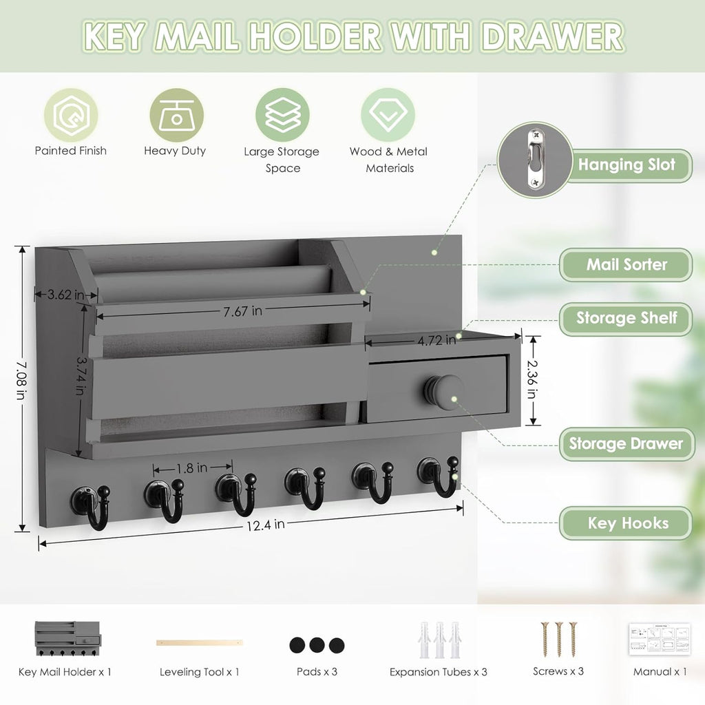 VIS'V Key Holder Wall Mount, Wooden Mail and Key Organizer with Drawer and Shelf, 2 Slots, 6 Hooks, Grey