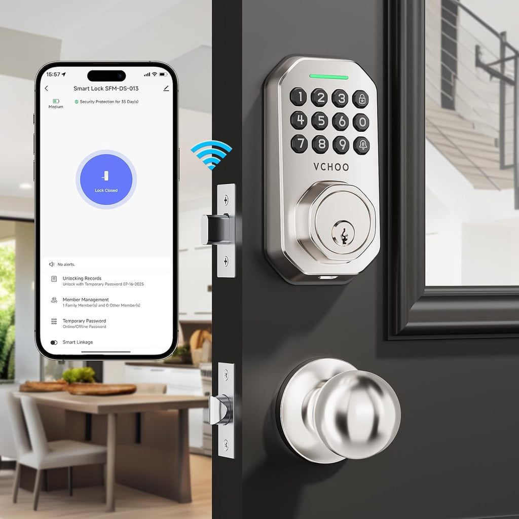 Keyless Entry Door Lock with 2 Knobs App Control Smart Locks for Front Door WiFi Door Lock Set Automatic Lock One Time Password Anti Peeping Password IP54, Satin Nickel