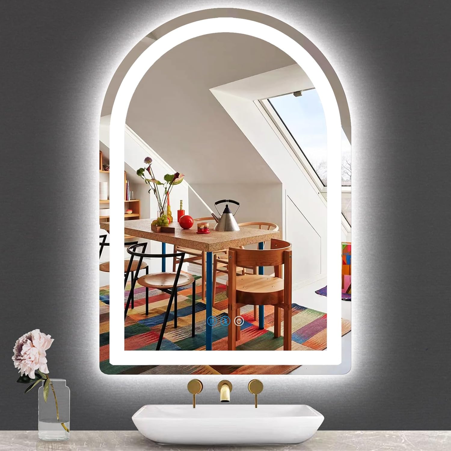 THEKLA 16 x 24 Inch LED Arched Mirror with Lights Memory 3 Color Adjustable Brightness Frontlight Arch Lighted Vanity Mirror for Bathroom Wall TableTop AntiFog 24" Bathroom Smart Arch Light up Mirrors