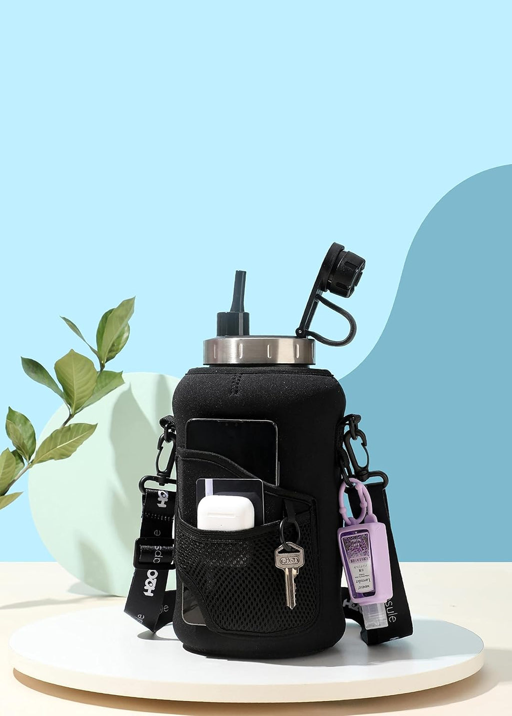 H2O Capsule 2.2L Half Gallon Wide Mouth Water Bottle with Storage Sleeve and Removable Straw - Hydration Tracker Jug with Measurements Marked – Shatterproof BPA-Free, (Jet Black)