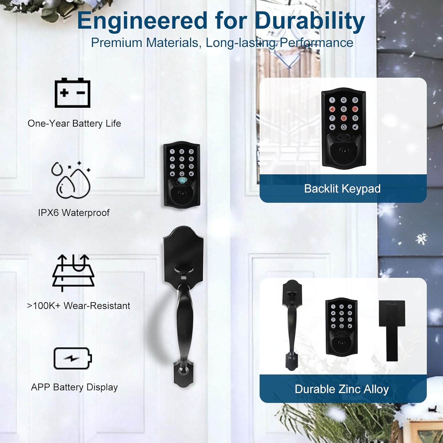 Fingerprint Smart Door Lock, Keyless Door Lock with Handle, Built-in WiFi Keypad Deadbolt Set for Front Door, Waterproof Smart Electronic Deadbolt, App Remote Control, Easy to Install Matte Black