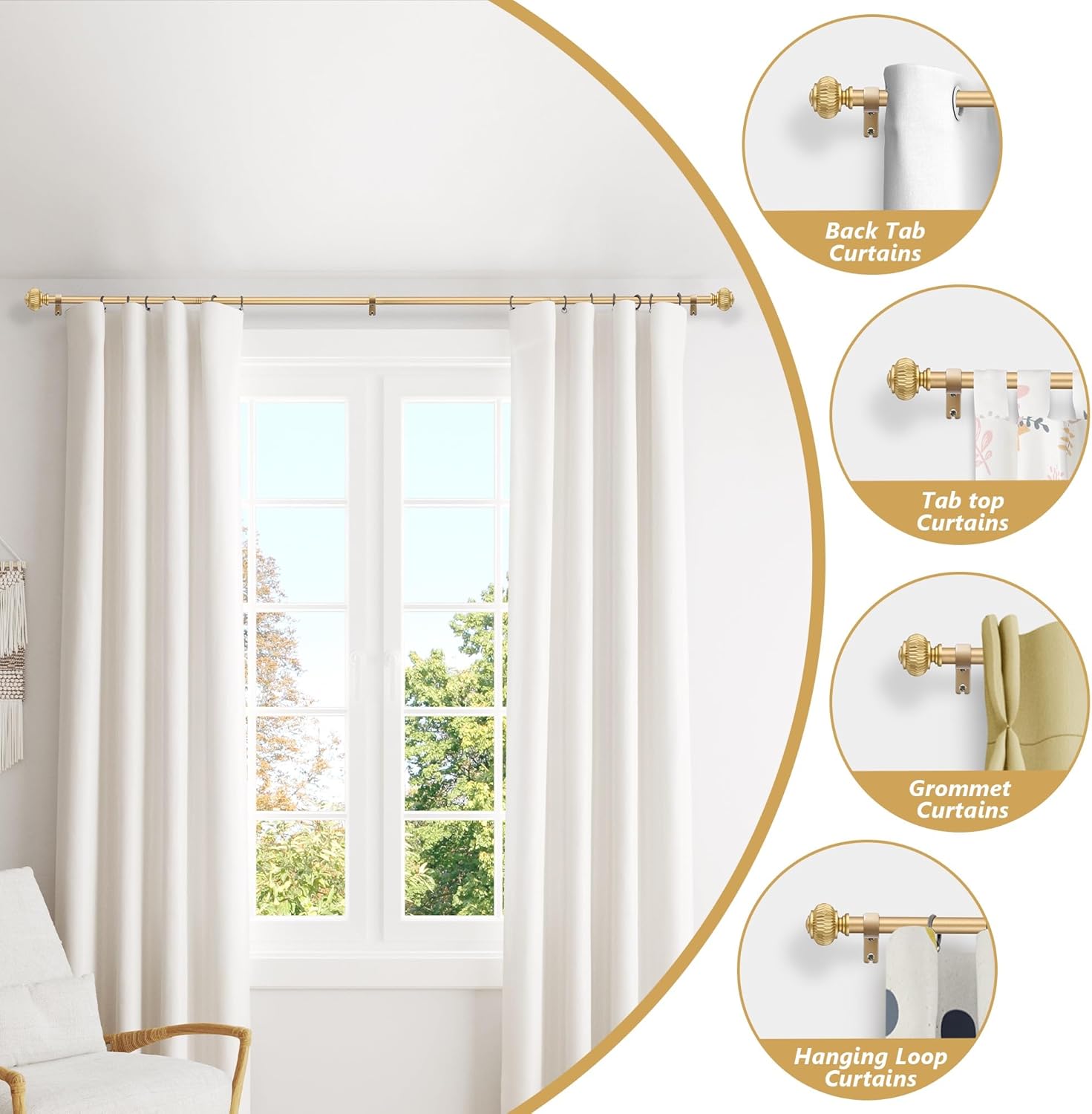 Gold Curtain Rods for Windows 48 to 84 Inches 1 Inch Adjustable Heavy Duty Curtain Rods with Lantern Ball Finials,Window Treatment Single Curtain Rod Set