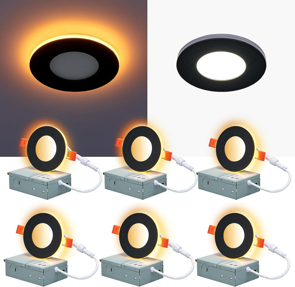 CycevSun 3 Inch Black LED Recessed Lights with Night Light, Dimmable & 5CCT Selectable Canless Downlight Wafer Outdoor Soffit, 6W, ETL, IC Rated, 6 Pack