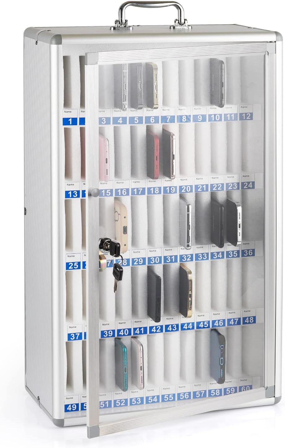 Loghot Aluminum Alloy Pocket Chart Cell Phones Storage Cabinet for Cell Phones, Wall-Mounted Cell Phone Locker Phone Holder with Lock for Classroom, Office, Can be Carried by Hand (60 Slots)