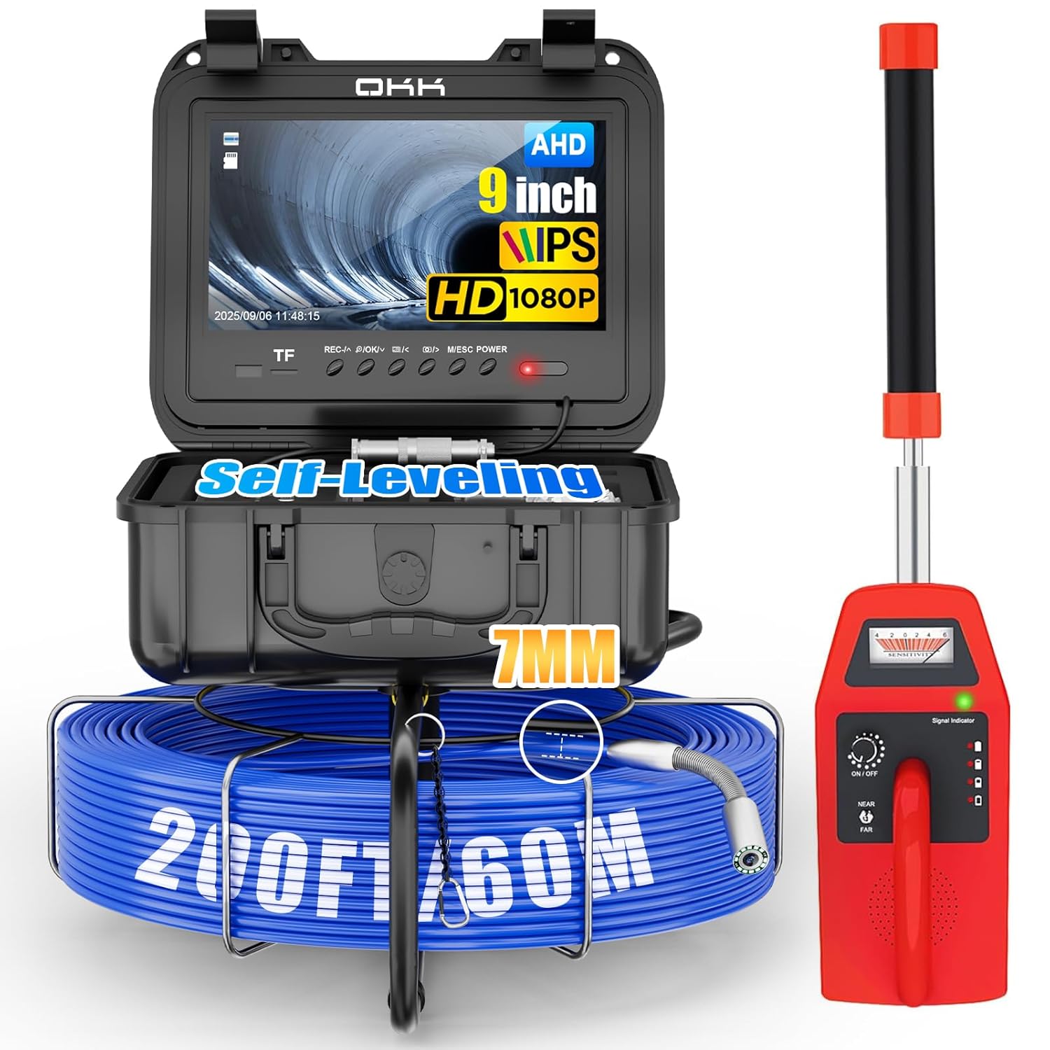 Sewer Camera with Locator, Drain Camera 200ft, Pipe Inspection with 512Hz Sonde, Self-Leveling, Industrial Endoscope with DVR, 9" LCD, Meter Counter, 7mm Cable, IP68 Waterproof, 12 LEDs, 32GB Card
