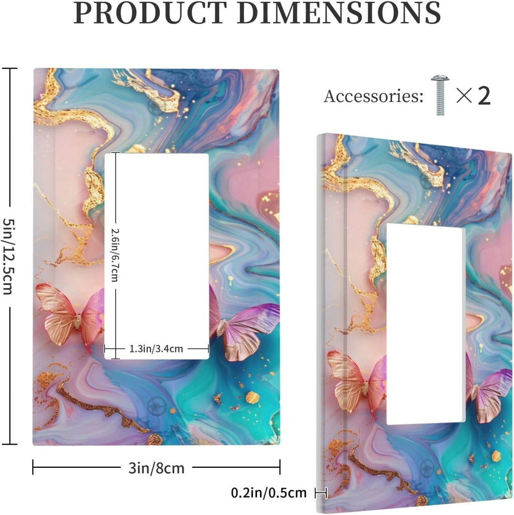 Colorful Marble Butterfly Gold Glitter Abstract Print Decorative Outlet Covers 1 Gang Single Rocker Light Switch Cover Plate Wall Plates GFCI Faceplate for Bed Room Living Room Decor