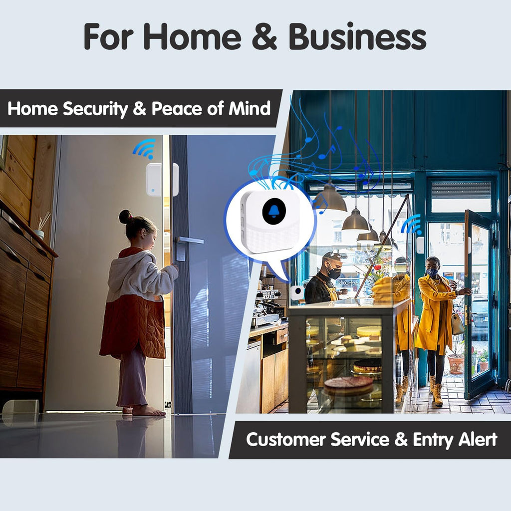 Wireless Door Chime & Window Sensor Alarm - 800Ft Long Range Door Sensor for Business and Home Security Door Chime with 55 Ringtones, 5 Volume Levels, Easy Install (1 Receiver & 2 Sensors)