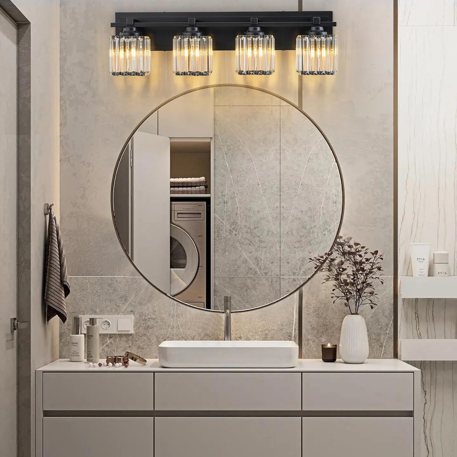 Crystal Bathroom Light Fixtures, 4 Light Black Vanity Lighting Over Mirror with Crystal Shades, Modern Bathroom Vanity Light for Restroom, Bath, Cabinet and Powder Room