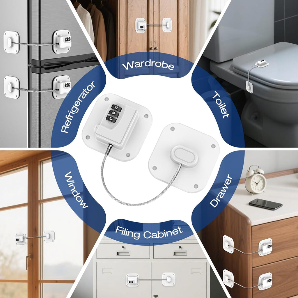 Fridge Refrigerator Lock with Combination, Heavy Duty Lock for Cabinet, Drawers, Closet, Safety Easy Install No Keys Needed (White-2Pack)