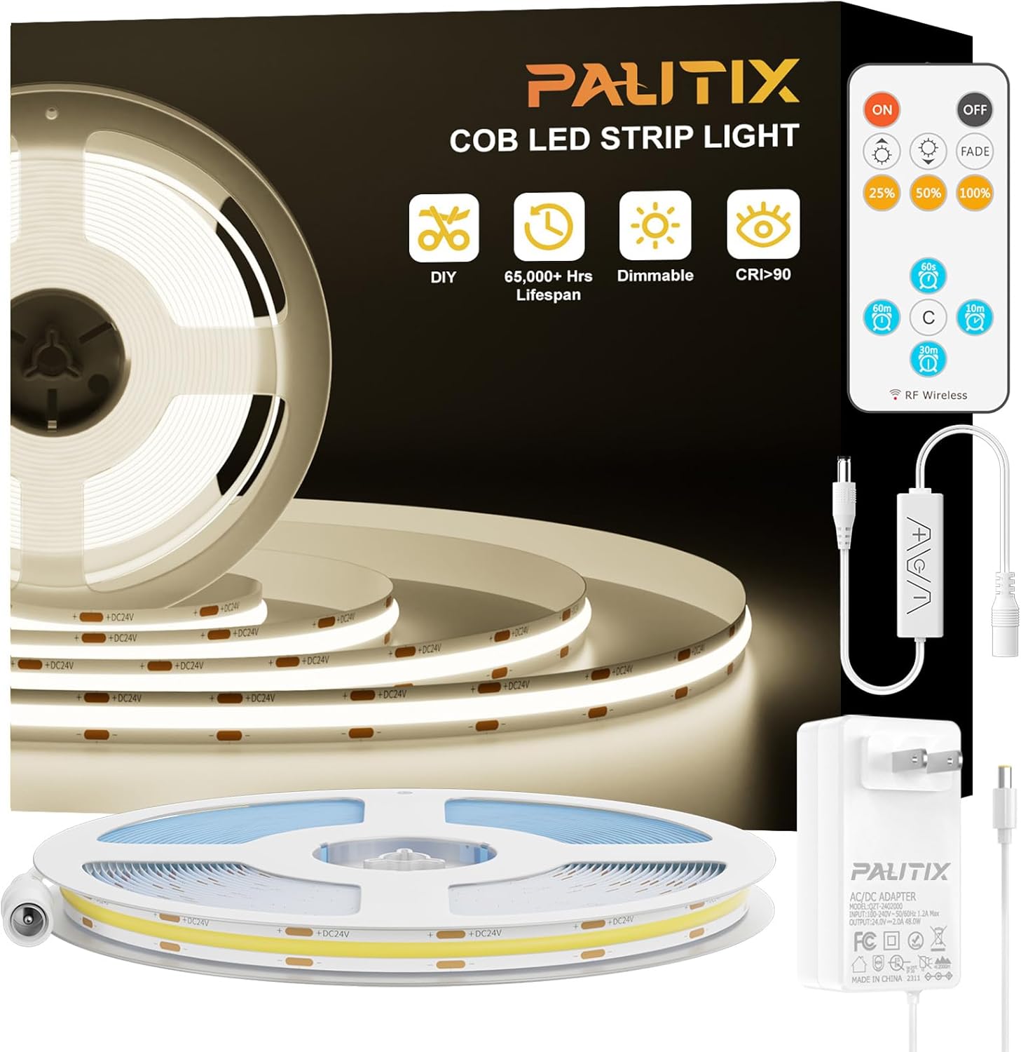 PAUTIX COB LED Strip Lights,UL Listed Dotless LED Lights with RF Remote,16.4ft Natural White 4000K Super Bright Dimmable Flexible Diffused LED Tape Light,Kitchen Cabinet,Office,Stairs,Shelf Lighting