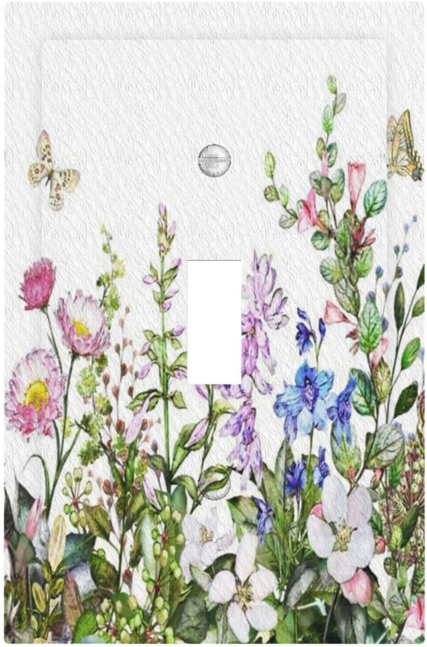 Boho Colorful Wildflowers Butterfly Green Plant Leaf 1 Gang Light Switch Covers Single Toggle Wall Plate Decorative Switchcover Electrical Switchplate for Country Bathroom Bedroom Decor