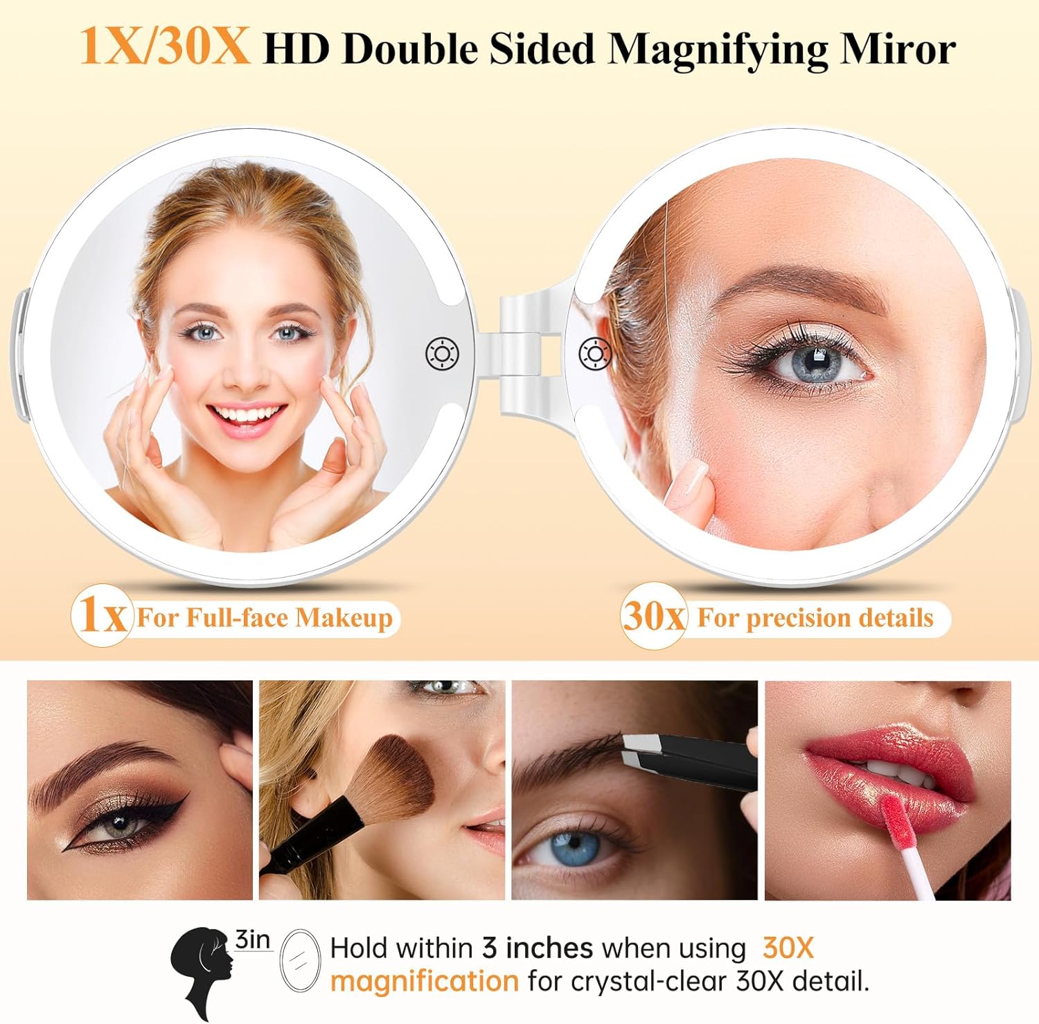 FUNTOUCH Magnifying Mirror 30X 1X Double Sided Magnification Makeup Vanity Mirror Rechargeable Lighted Mirror with 3 Color Setting Adjustable Rotation LED Vanity Desk Mirror