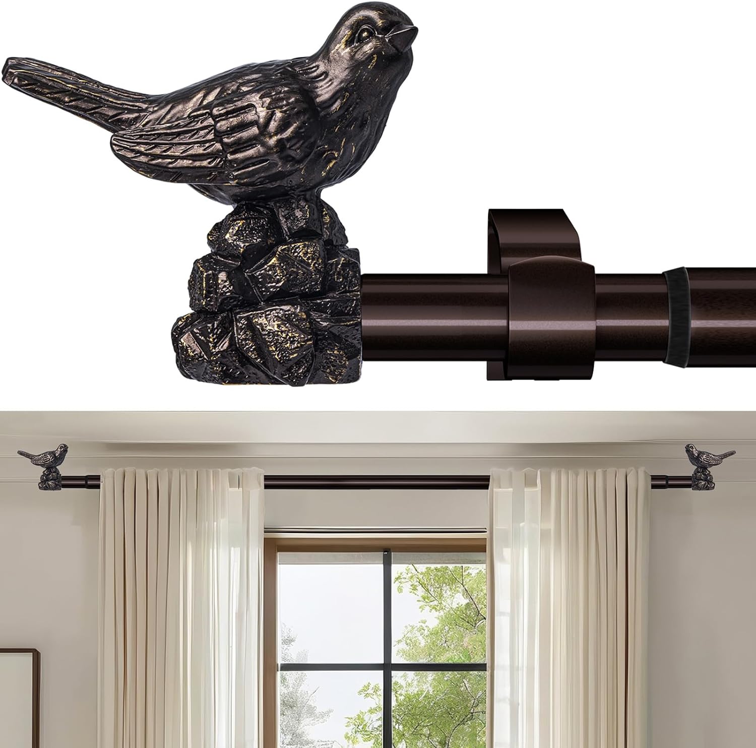 Curtain Rods 48 to 90 Inches Vintage Oil Bronze Curtain Rods for Windows Adjustable Drapery Rod with Bird Finials Heavy Duty Window Brown Curtains Rod for Living Room Bedroom