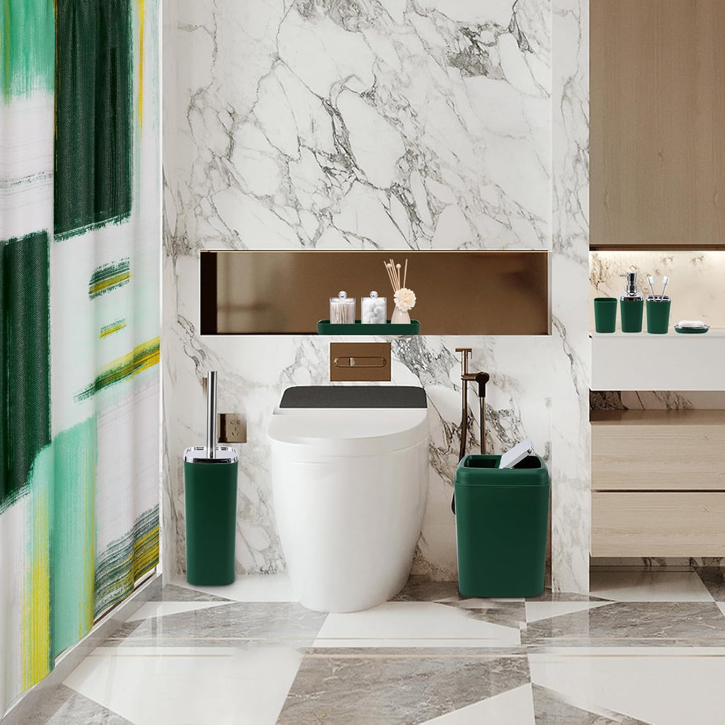 Dark Green Bathroom Accessories Set, Bathroom Sets with Shower Curtain, Green Bathroom Accessories with Trash Can, Soap Dispenser, Soap Dish, Toilet Brush Holder, Qtip Holders for Bathroom