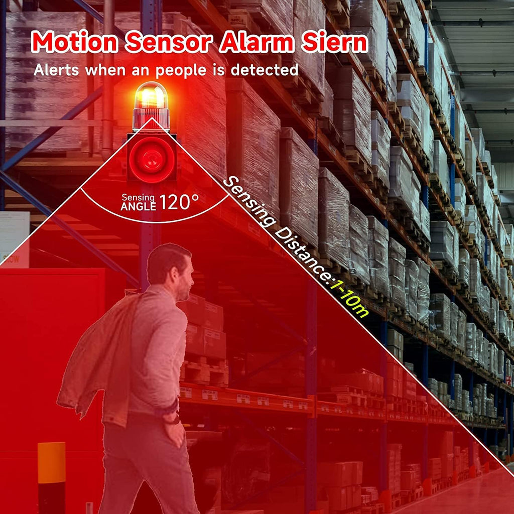 Motion Sensor Alarm Siren Waterproof 25 Watts LED Strobe Sirens with 120dB Volume Horn 12 Tones Adjustable for Warhouse, Factory and School AC380V SLA-01W