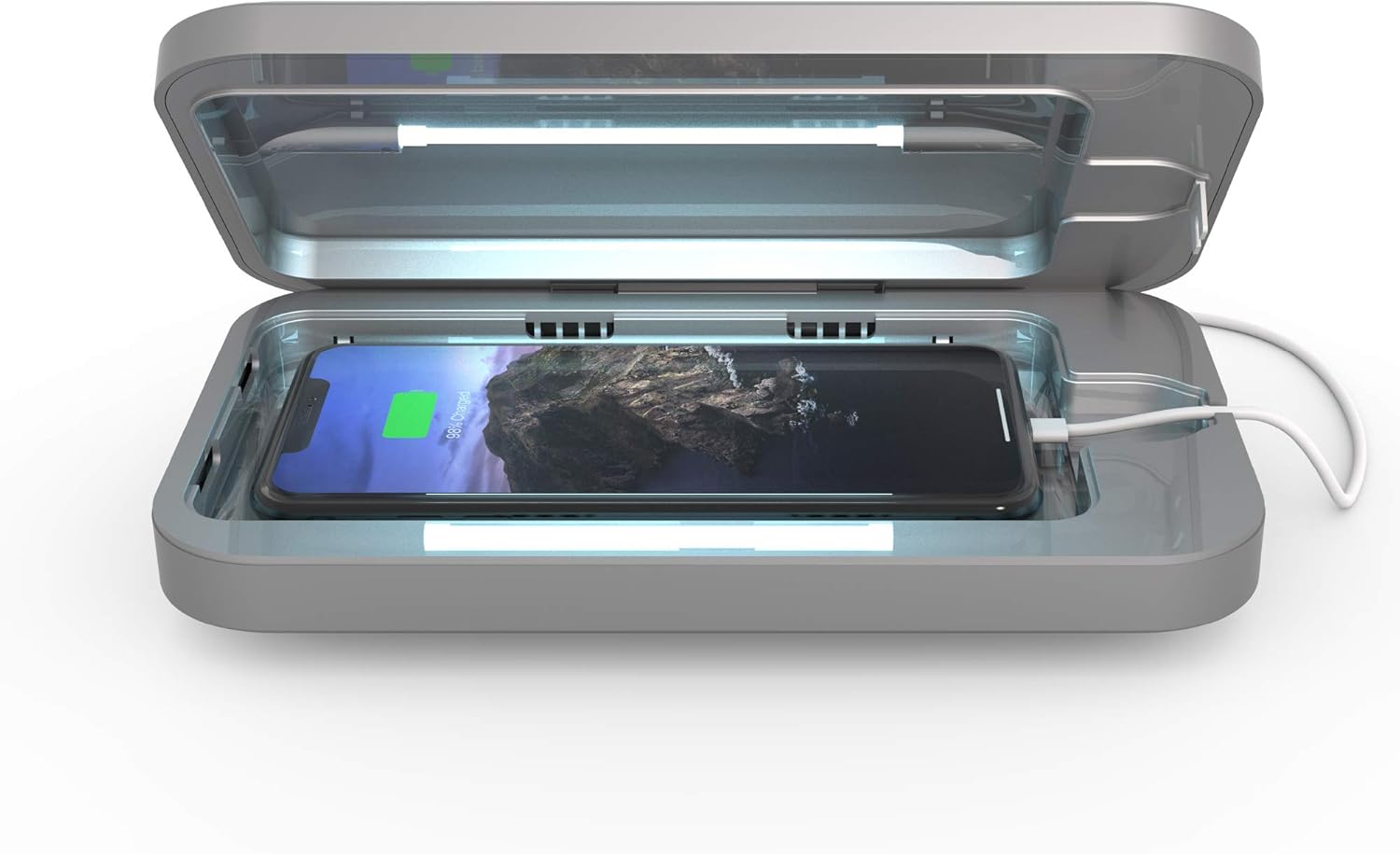 PhoneSoap 3 UV Cell Phone Sanitizer & Dual Universal Cell Phone Charger Box | Patented & Clinically Proven 360-Degree UV-C Light Sanitizer | Disinfects and Charges All Phones (Silver)