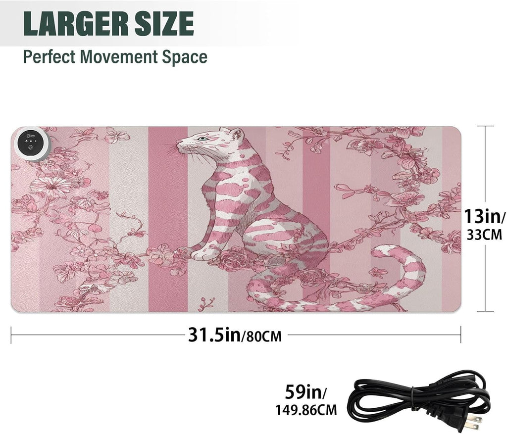 Heated Desk Pad Mouse Pad 31.5x13 Inch PU Leather Desk Mat with 3 Heat Levels Large Mouse Gaming Computer Laptop Mat Pink Leopard Stripes Floral