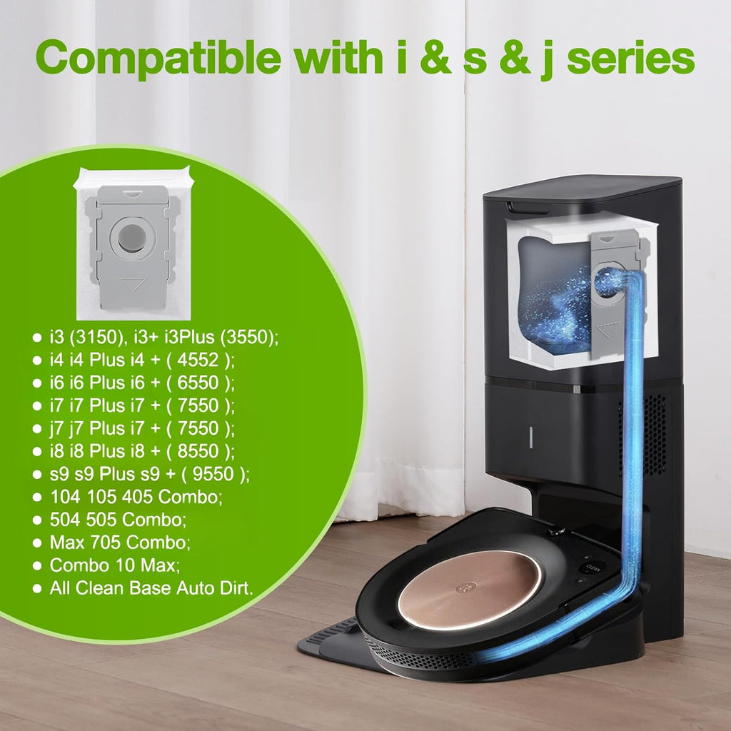 16 Pack Vacuum Bags for iRobot Roomba, Effective Dust Filtration, Compatible with i3+ i4+ i5+ i6+ j6+ i7+ j7+ i8+ J8+ J9+ s9+ 104 105 405 505 705 Combo & All Clean Base Auto Dirt Disposal bag
