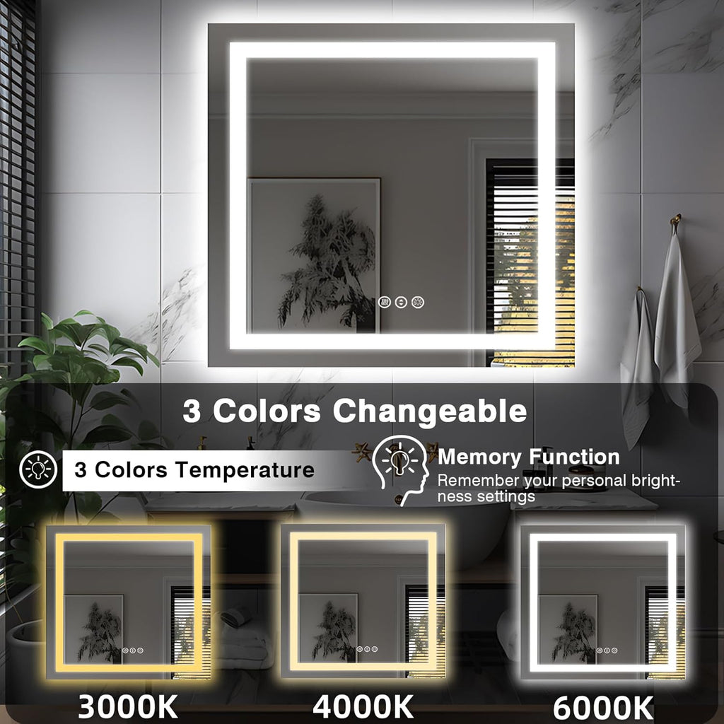 36"x36" Square LED Bathroom Mirror (Front and Backlit), Anti-Fog Vanity Mirror with Lights, Stepless 3 Colors Dimmable Smart Lighted Mirror(Horizontal/Vertical)