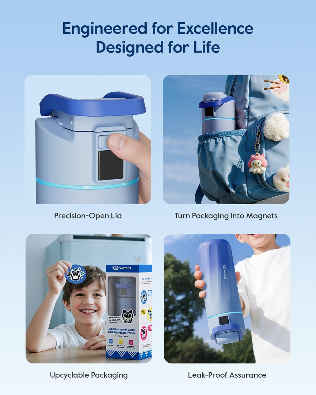 BOOST Smart Water Bottle with Reminder & Tracker, 16oz Kids Water Bottle for School, DIY Refrigerator Magnets, BPA-Free Vacuum Insulated Stainless Steel, Ideal Gift for Christmas, New Year