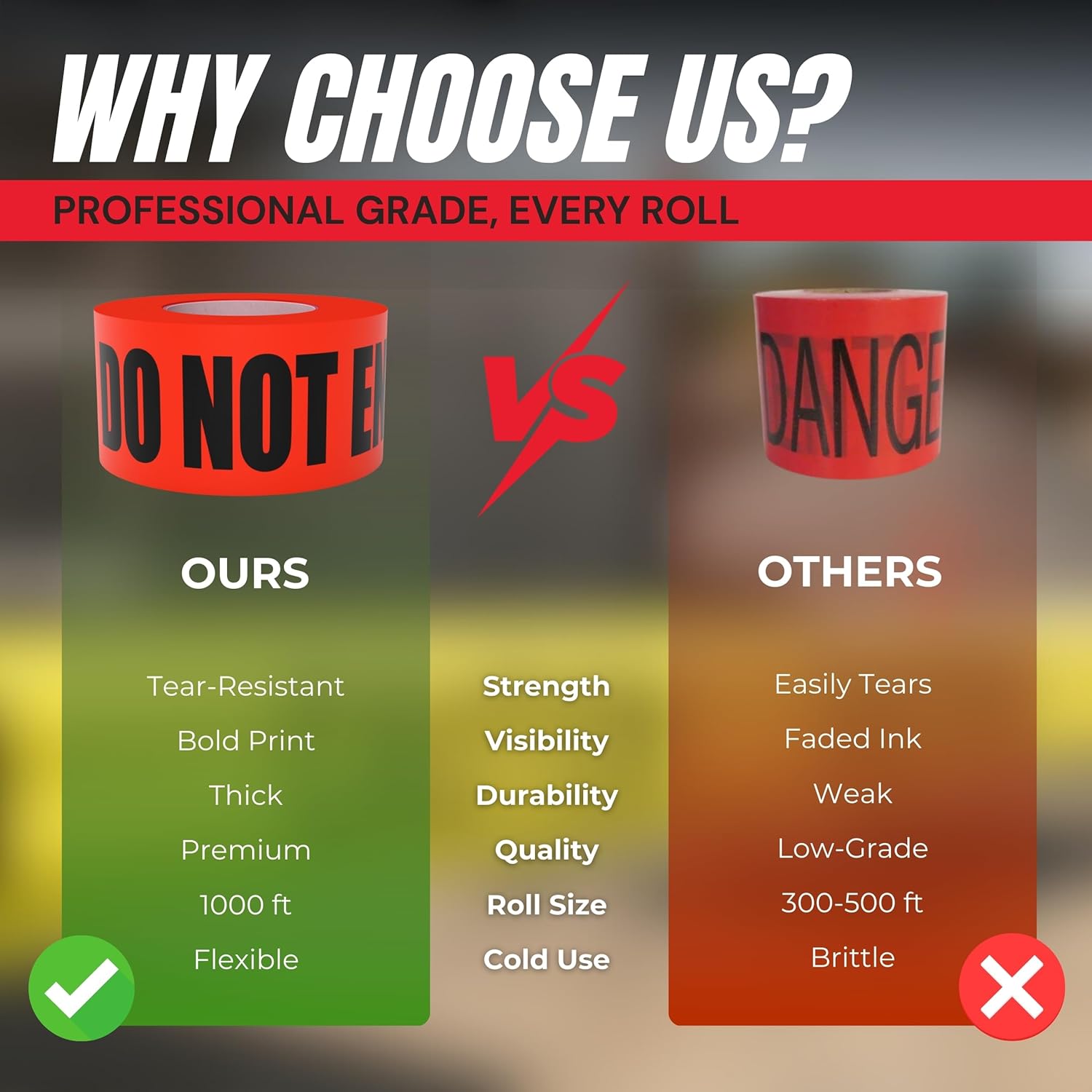Danger Do Not Enter Tape 6 Pack 3 inch X 1000 feet • Sharp Red with a Bold Black Print for High Visibility • Tear Resistant Design