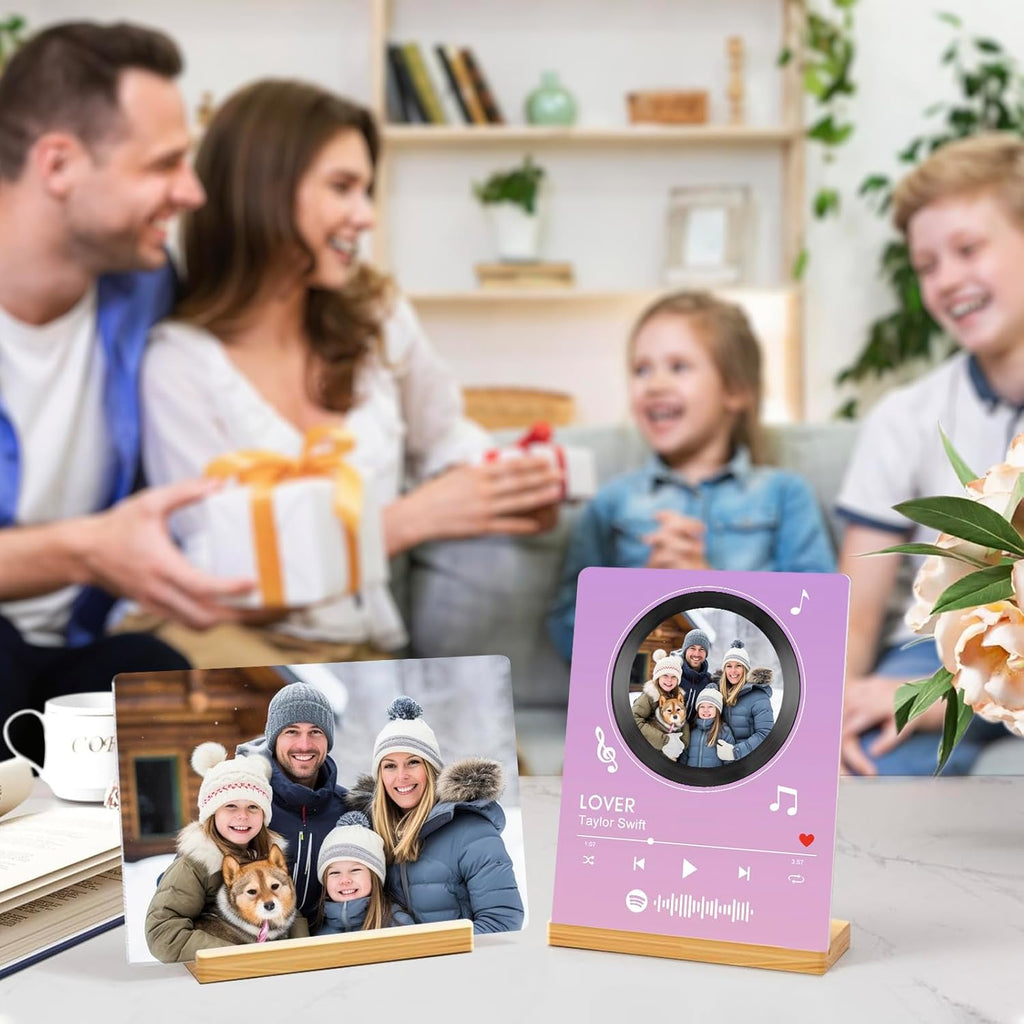 Custom Photo Prints - Metal Desktop Picture Frame with Photos & Spotify Song Plaque & Wooden Base Personalized Gifts for Family Friends and Lovers, Optional Multiple Sizes