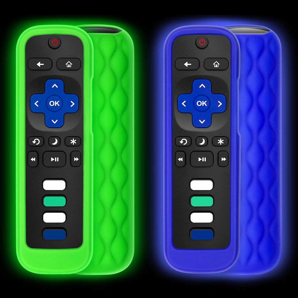 (Pack of 2) Remote Cover Case for Roku TV Remote Control/Silicone Protective Sleeve Skin - Glow in The Dark (Green/Blue)
