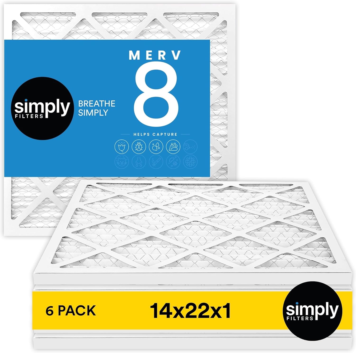 Simply 14x22x1 Air Filter, Merv 8, 6 Pack, For Home AC Furnace & HVAC (Actual Size: 13.75"x21.75"x0.75") DUST, Pet, & Allergy Control