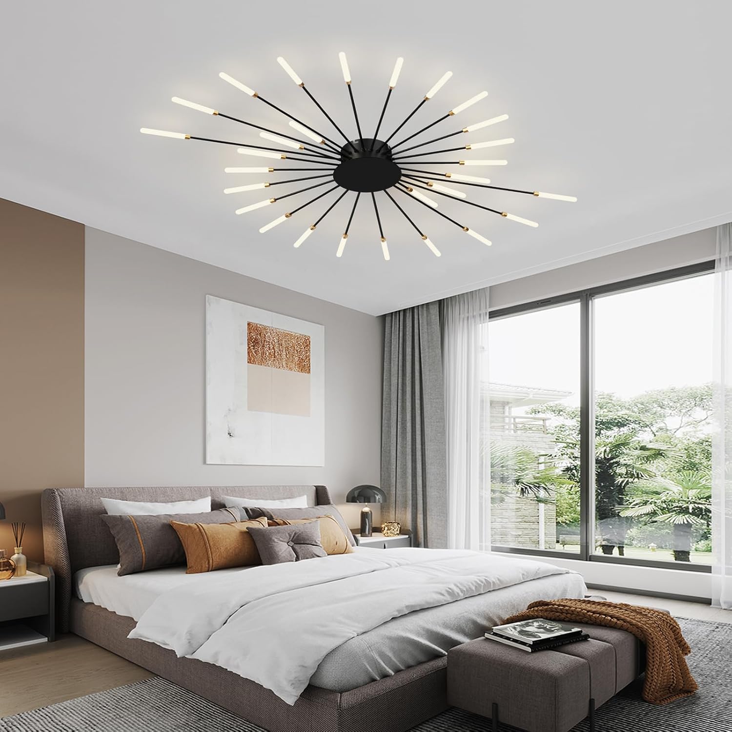 Modern Ceiling Light Flower Shape, Metal Firework Ceiling Lamp with Plug-in LED Source, Lighting Fixture for Living Room Dining Room Bedroom, Natural Light